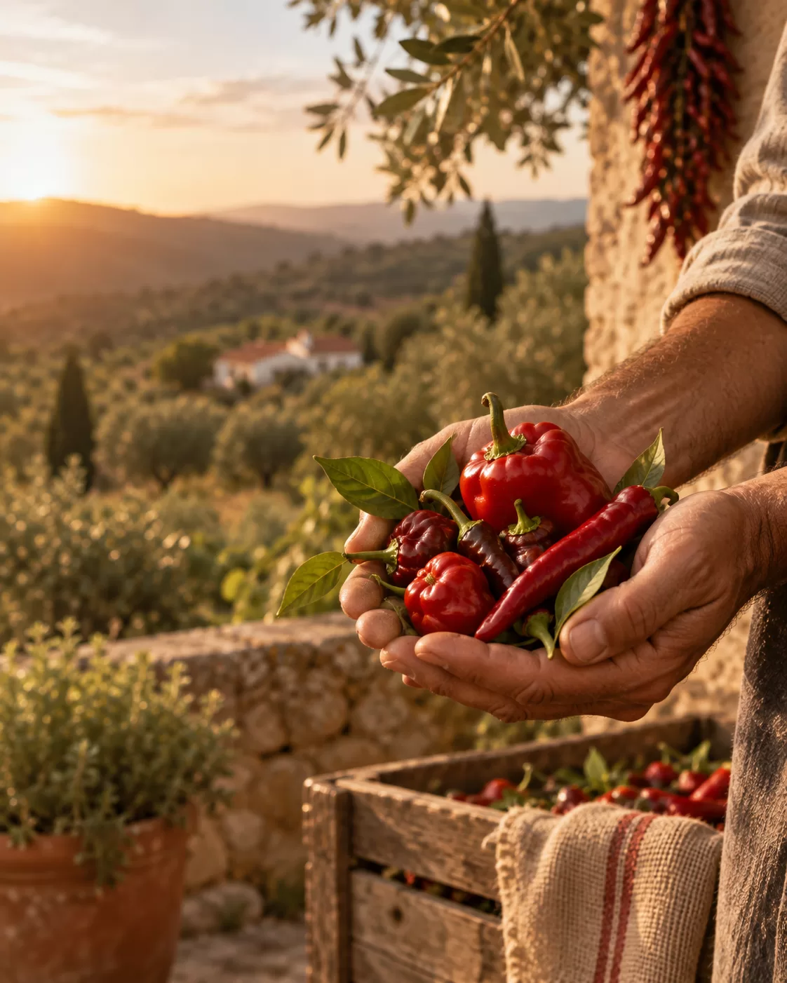 Colheita de pimentos à mão ao fim da tarde